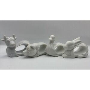 Vintage Japanese White Ceramic Napkin Rings Holders Set Of 4 Cow Pig Duck Rabbit